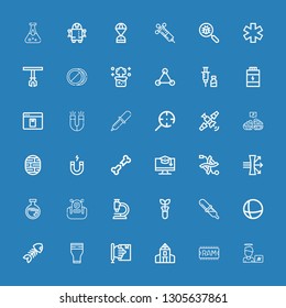 Editable 36 science icons for web and mobile. Set of science included icons line Virus, Ram, School, Learning, Glass, Fish bone, Earth grid, Pipette, Test tube on blue background