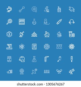 Editable 36 science icons for web and mobile. Set of science included icons line Telescope, Pill, Tube, Satellite, Tesla ball, Prism, Thermometer, Blood donation on blue background