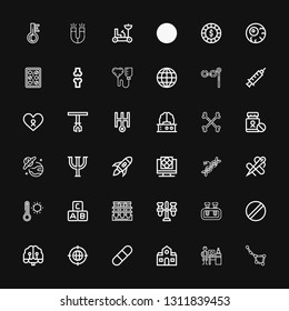 Editable 36 science icons for web and mobile. Set of science included icons line Constellation, Nanotechnology, School, Pill, Earth grid, Artificial intelligence on black background
