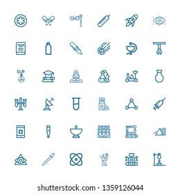 Editable 36 science icons for web and mobile. Set of science included icons line Flask, Robot, Blood donation, Physics, Pipette, Eye, Prism, Robot arm, Tube on white background