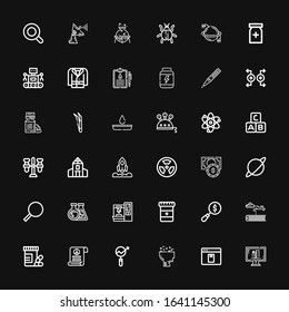 Editable 36 science icons for web and mobile. Set of science included icons line Online education, Elearning, Learning, Research, Pacifism, Vitamins, Science fiction on black background