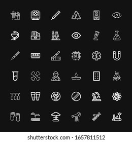 Editable 36 science icons for web and mobile. Set of science included icons line Moon rover, Dna, Telescope, Nuclear, Science fiction, Barefoot, Atom, Robot on black background