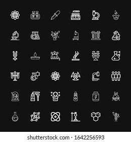 Editable 36 scientific icons for web and mobile. Set of scientific included icons line Scientist, Molecule, Flask, Physics, Cells, Proteins, Eye dropper, Chemical reaction on black background