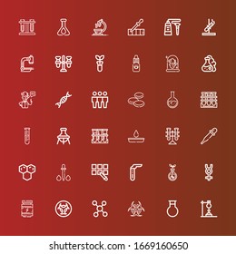 Editable 36 scientific icons for web and mobile. Set of scientific included icons line Flask, Biohazard, Molecule, Proteins, Mercury, Transgenics, Test tube, Pipette, Dropper on red