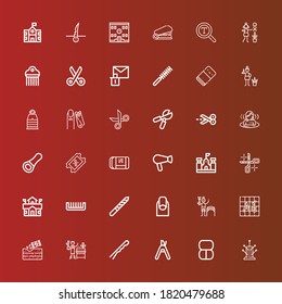 Editable 36 scissors icons for web and mobile. Set of scissors included icons line Pincushion, Makeup, Pruning shears, Hairpin, Gardener, Gardening, Font, Nails, Nail file on red