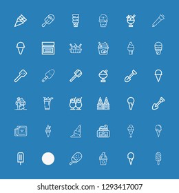 Editable 36 scoop icons for web and mobile. Set of scoop included icons line Ice cream, Frozen yogurt, Shovel, Ice cream cone, Cream, Sand, Slotted spoon, Blower on blue background