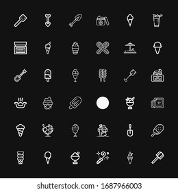 Iconos editables de 36 cucharas para web y móvil. Conjunto de primicias incluidas línea de iconos Shovel, Ice crema, Blower, arena, litera, crema, cuchara de madera, cuchara acanalada sobre fondo negro
