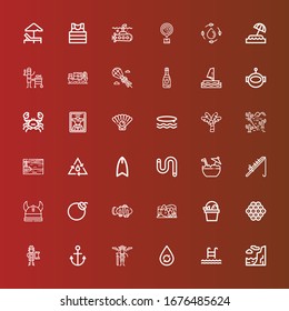Editable 36 sea icons for web and mobile. Set of sea included icons line Cliff, Swim, Water, Pirates, Anchor, Pirate, Caviar, Fish, Hill, Clown fish, Bomb, Viking, Fishing rod on red