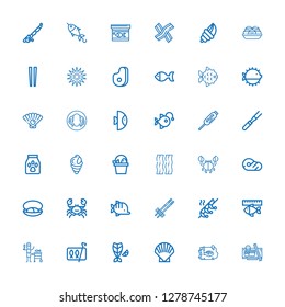 Editable 36 seafood icons for web and mobile. Set of seafood included icons line Sushi, Fish, Shell, Sardines, Shrimp, Chopsticks, Crab, Mussel, Meat, Bacon on white background