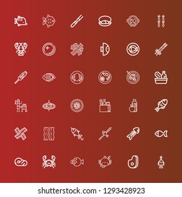 Editable 36 seafood icons for web and mobile. Set of seafood included icons line Fish, Meat, Crab, Fish bone, Bacon, Food, Chinese food, Fishing rod, Cantonese seafood soup on red