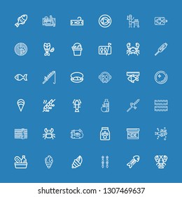 Editable 36 seafood icons for web and mobile. Set of seafood included icons line Lobster, Fish bone, Brochette, Seashell, Food, Fish, Fish food, Crab, Sushi on blue background