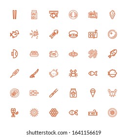 Editable 36 seafood icons for web and mobile. Set of seafood included icons line Chinese food, Tuna, Fish, Caviar, Sea urchin, Crab, Clam, Food, Meat, Puffer fish on white background