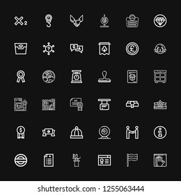 Editable 36 seal icons for web and mobile. Set of seal included icons line Latex, Germany, Certificate, Awards, Prescription, Guarantee, Information, Agreement on black background