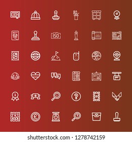 Editable 36 seal icons for web and mobile. Set of seal included icons line Stamp, Scale, Information, Pound, Agreement, Question mark, Banner, Quality, Diploma, Certificate on red