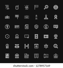 Editable 36 seal icons for web and mobile. Set of seal included icons line Scale, Scroll, Night, Diploma, Webcam, Ssl, Information, Question, Banner, Agreement on black background