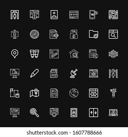 Editable 36 search icons for web and mobile. Set of search included icons line Interface, Elevator, Navigation, Website, Search, Online shop, Detective, Vision on black background