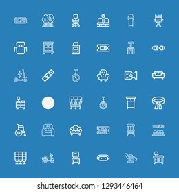 Editable 36 seat icons for web and mobile. Set of seat included icons line Nightstand, Chair, Sofa, Scooter, Seat, Waiting room, Ticket, Armchair, Wheelchair on blue background