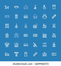 Editable 36 seat icons for web and mobile. Set of seat included icons line Ticket, Nightstand, Seat belt, Chair, Handlebar, Divan, Office chair, Waiting room on blue background