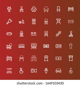 Editable 36 seat icons for web and mobile. Set of seat included icons line Monocycle, Sofa, Seatbelt, Ticket, Handicap, Waiting room, Nightstand, Chair, Armchair, Baby chair on red