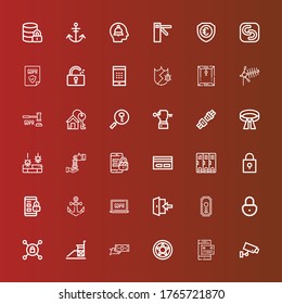 Editable 36 secure icons for web and mobile. Set of secure included icons line Cctv, Payment method, Data protection, Money transfer, Vigilance, Vpn, Padlock, Keyhole, Login on red