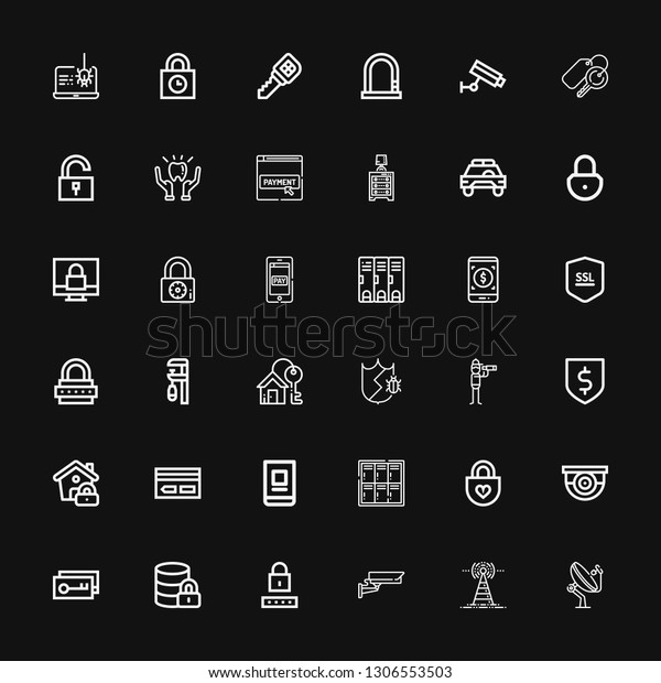 Editable 36\
secure icons for web and mobile. Set of secure included icons line\
Antenna, Cctv, Password, Hosting, Key, Surveillance, Padlock,\
Locker, Online banking on black\
background