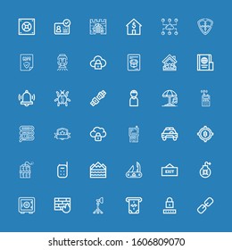 Editable 36 security icons for web and mobile. Set of security included icons line Link, Password, Atm, Reflector, Firewall, Safe deposit, Virus, Exit, Swiss army knife on blue background