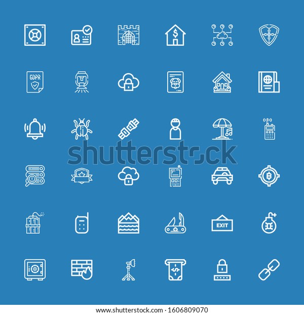 Editable\
36 security icons for web and mobile. Set of security included\
icons line Link, Password, Atm, Reflector, Firewall, Safe deposit,\
Virus, Exit, Swiss army knife on blue\
background