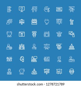 Editable 36 seminar icons for web and mobile. Set of seminar included icons line Student, Presentation, Meeting, Teacher, Coach, Employee, Conference, Study on blue background