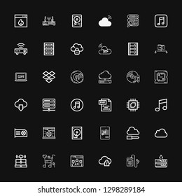 Editable 36 server icons for web and mobile. Set of server included icons line Server, Music, Cloud computing, Api, Icloud, Cloud, Hard disc, System, Cpu, Php on black background
