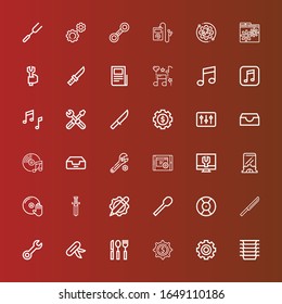 Editable 36 setting icons for web and mobile. Set of setting line icons including: Plates, Settings, Cutlery, Knife, Wrench, DJ, Spoon, Setup, Inbox, Music, Text lines, Spanner on red