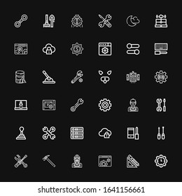 Editable 36 settings icons for web and mobile. Set of settings included icons line Settings, Design tools, Engineer, Hammer, Maintenance, Screwdriver, Configuration on black background