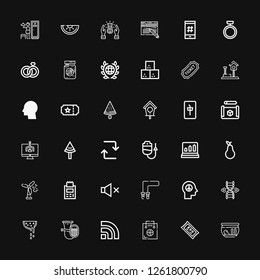 Editable 36 shadow icons for web and mobile. Set of shadow included icons line Fishbowl, Ticket, Shopping bag, Rss, Tuba, Watermelon, Dna, Peace, Jumping rope on black background