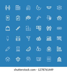 Editable 36 shadow icons for web and mobile. Set of shadow included icons line Bird cage, Lockers, Fishbowl, Swiss army knife, Bird house, Sheep, Cube, Shopping bag on blue background