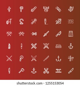 Editable 36 sharp icons for web and mobile. Set of sharp included icons line Knife, Katana, Cut, Anchor, Axe, Scissors, Hook, Swords, Cutter, Spears, Shark, Pencil, Grater on red