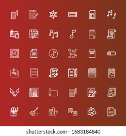 Editable 36 sheet icons for web and mobile. Set of sheet included icons line Contract, Note, Notepad, Music, Sweep, Bingo, Pdf, Notes, Mat, Sheet, Agreement, Notebook, Paper on red