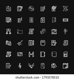 Iconos editables de 36 hojas para web y móvil. El conjunto de hojas incluye iconos línea Nota, Bloc de notas, Acuerdo, Hoja, Portátil, Contrato, Pdf, Barrido, Notas, Embarque en fondo negro