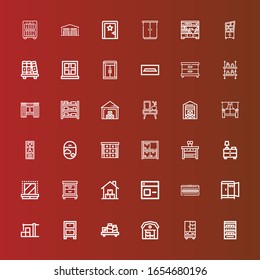 Editable 36 shelf icons for web and mobile. Set of shelf included icons line Shelves, Wardrobe, Warehouse, Shelf, Cabinet, Window, Nightstand, Dressing room, Stock, Night stand on red