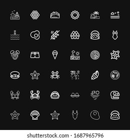 Editable 36 shell icons for web and mobile. Set of shell included icons line Tacos, Egg, Swimsuit, Starfish, Shell, Fossil, Sea, Eggs, Taco, Crab, Prawn, Seashell on black background