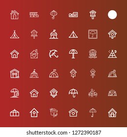 Editable 36 shelter icons for web and mobile. Set of shelter included icons line Home, Umbrella, Bird house, Birdhouse, Tent, Shelter, Dog house, Homeless on red