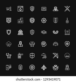 Editable 36 shield icons for web and mobile. Set of shield included icons line Police, Crown, Crossbow, Shield, Badge, Transfer, Shocked, Insurance, Firewall on black background