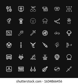 Editable 36 shiny icons for web and mobile. Set of shiny included icons line Magic wand, Coffee bean, Violin, Earrings, Treasure, Ring, Crystal ball, Mirror on black background