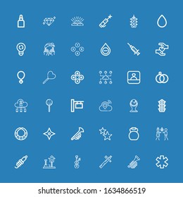 Editable 36 shiny icons for web and mobile. Set of shiny included icons line Star, Trumpet, Magic wand, Violin, Play, Spark, Disco, Kettlebell, Stars, Necklace on blue background