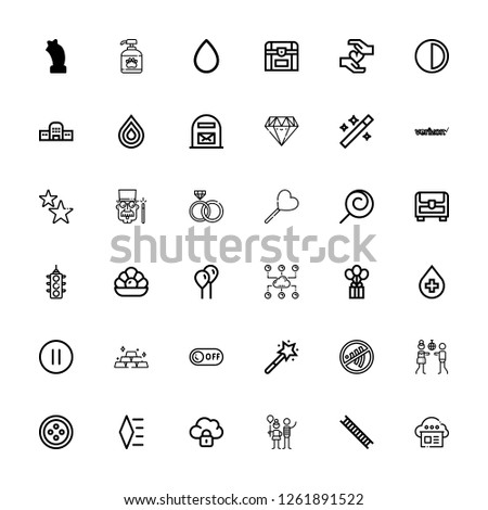 Editable 36 shiny icons for web and mobile. Set of shiny included icons line Cloud, Ladder, Balloon, Diamond, Button, Disco, Sign, Magic wand, Off, Gold, Pause on white background