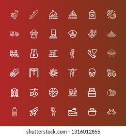 Editable 36 ship icons for web and mobile. Set of ship included icons line Invader, Transport, Yatch, Pirate, Rocket launch, Oil, Grenade, Sailor, Train, Propeller, Submarine on red
