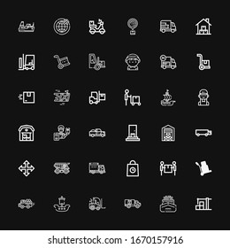 Editable 36 shipment icons for web and mobile. Set of shipment included icons line Warehouse, Ship, Delivery, Forklift, Pick up, Logistic, Lorry, Cargo truck on black background