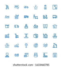 Editable 36 shipping icons for web and mobile. Set of shipping included icons line Package, Conveyor, Container, Cargo ship, Delivery, Harbor crane, Shipping on white background