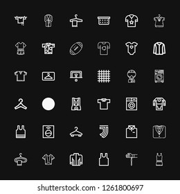 Editable 36 shirt icons for web and mobile. Set of shirt included icons line Clothes, Handkerchief, Sleeveless, Jacket, Shirt, Hanger, Tuxedo, Juventus, Washing machine on black background