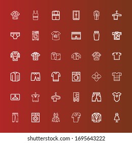 Editable 36 shirt icons for web and mobile. Set of shirt included icons line Fashion, Jacket, Shirt, Clothing, Washing machine, Jeans, Baby clothes, Shorts, Wardrobe, Hanger on red