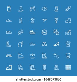 Editable 36 shoe icons for web and mobile. Set of shoe included icons line Cloth, Clothing, Trousers, Boots, Roller skate, Boot, Clothes, Footprint, Step, Heels on blue background