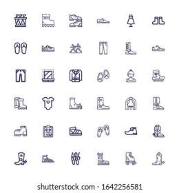 Editable 36 shoes icons for web and mobile. Set of shoes included icons line Boot, Roller skate, Shoe, Ballet, Sandals, Leprechaun shoe, Gym file, Wedding arch on white background